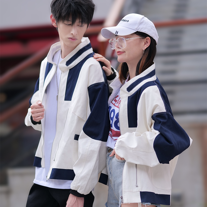 韩版撞色拼接外套男女情侣装秋季短外套