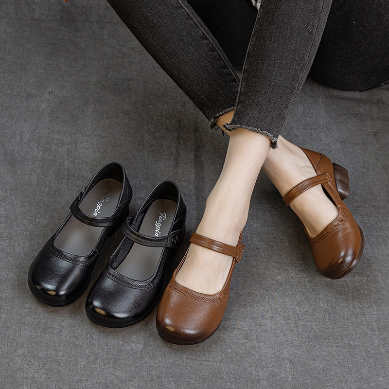 真皮中跟妈妈鞋单鞋春秋牛筋软底休闲跳舞鞋子女款舞蹈鞋浅口皮鞋
