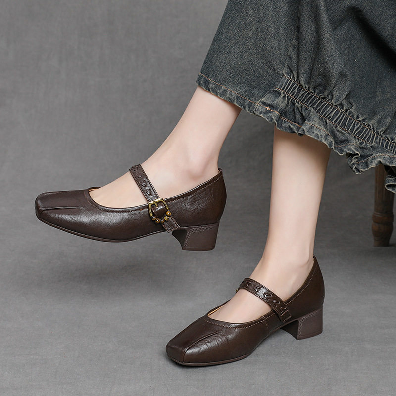 真牛皮法式复古方头玛丽珍鞋女百搭一字扣带粗跟浅口单鞋工作皮鞋,女鞋,浅口单鞋,淘宝优惠券,粉丝福利购,淘宝优惠卷