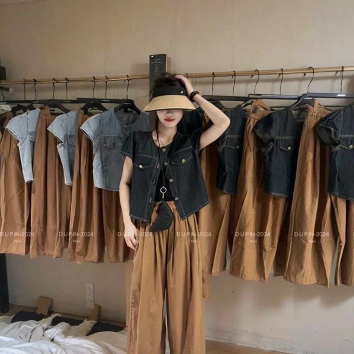 时尚短袖牛仔薄外套宽松九分阔腿裤休闲两件套女装夏新款套装