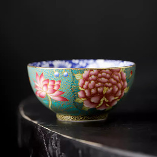国潮新款珐琅彩青花瓷主人杯个人单杯品茗杯陶瓷万花杯复古茶具