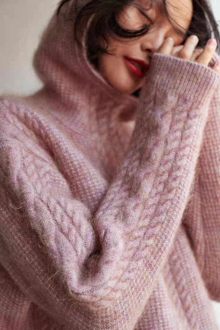 2025年新款100%纯羊毛衫毛衣女秋冬外穿加厚宽松慵懒高领粉色麻花