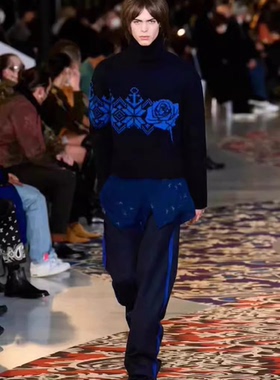 男士羊绒衫100纯羊毛圆领深蓝色花朵提花加厚针织衫毛衣男秋冬季