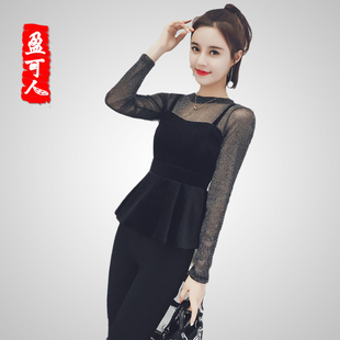 盈可人春秋新小香风修身显瘦上衣长袖网纱丝绒吊带背心两件套洋气