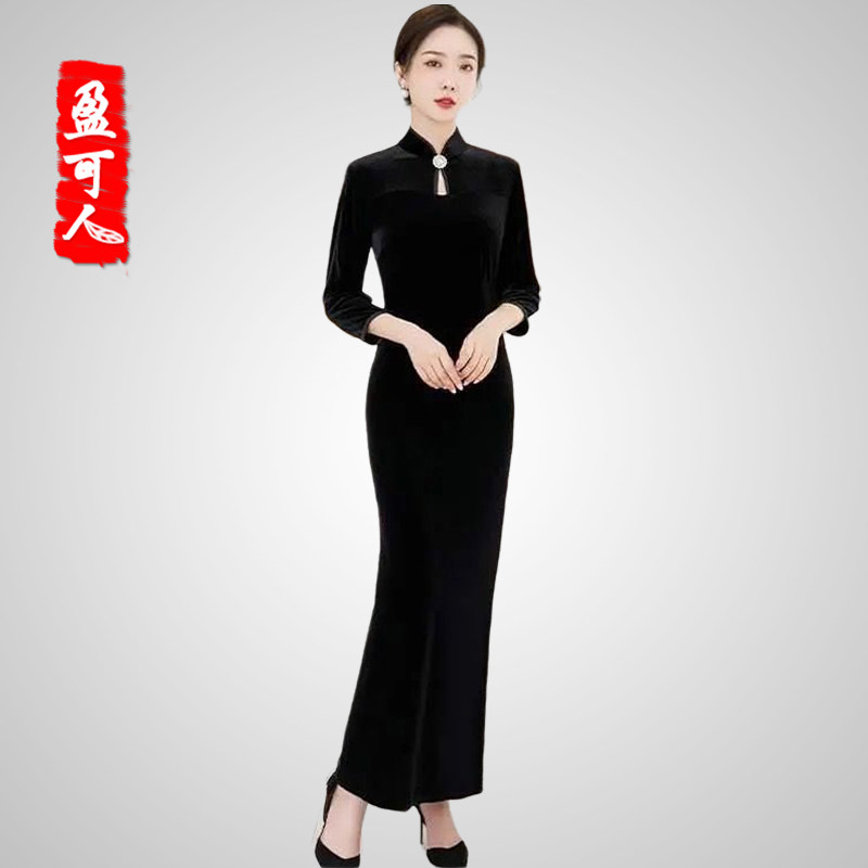 盈可人年轻款大码气质黑色鱼尾旗袍裙改良女秋冬金丝绒礼服女士,女装/女士精品,旗袍,淘宝优惠券,粉丝福利购,淘宝优惠卷