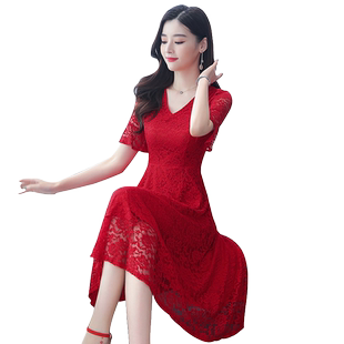 盈可人蕾丝喇叭袖遮肚A字裙显瘦新娘礼服裙大码气质红色连衣裙