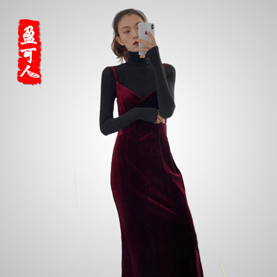 盈可人秋冬新款金丝绒酒红色连衣裙晚会度假吊带长裙性感显瘦女士