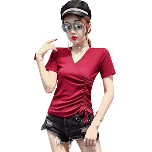 盈可人大码夏季新款莫代尔舒适抽绳不对称个性短袖上衣V领网红T恤
