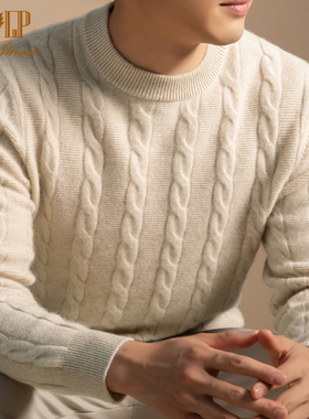 LP同款正品鄂尔多斯市产100%纯山羊绒衫男圆领绞花针织打底衫毛衣