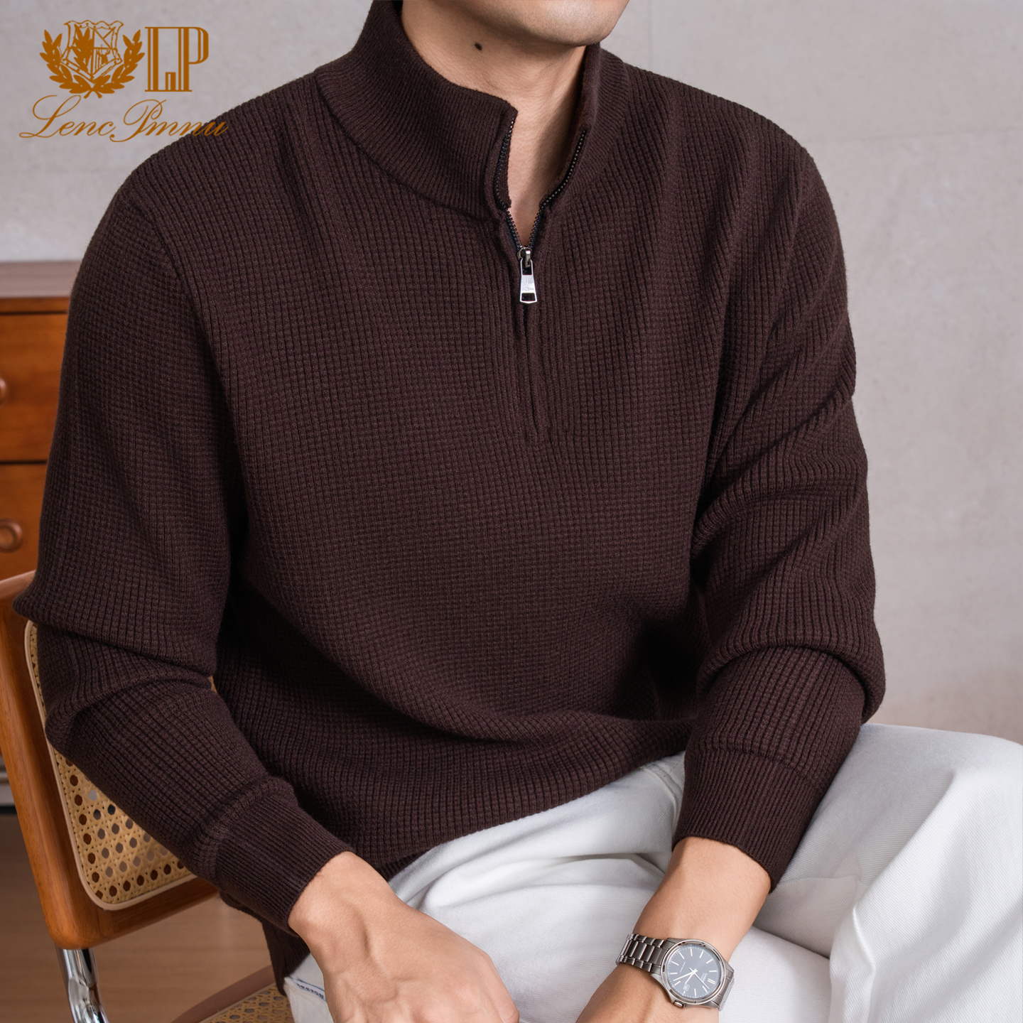 LP老钱风100%羊绒衫男半高立领