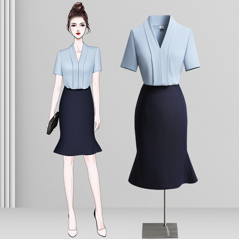 职业蓝色衬衫女夏季v领上衣ol通勤正装短袖衬衣工作服套装高级感