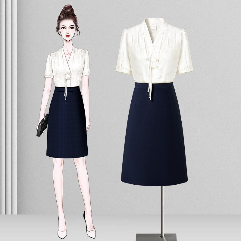 新中式上衣衬衫女夏款国风短袖衬衣职业套装售楼部案场客服工作服