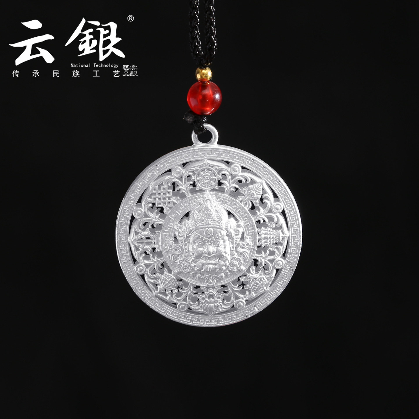 云银黄财神吊坠999纯银藏八宝镂空心足银项链坠子挂件平安银饰男