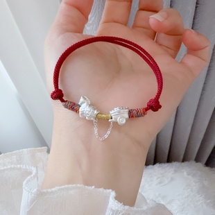 足银999纯银聚宝盆小马手链女马上有钱红绳手链新中式国风女礼物