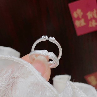 足银9999纯银平安喜乐猫爪戒指女古法实心开口指环新中式女友礼物