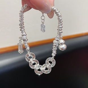 足银999纯银碎冰冰五帝钱盘缠手链女葫芦碎银子手链新中式女礼物