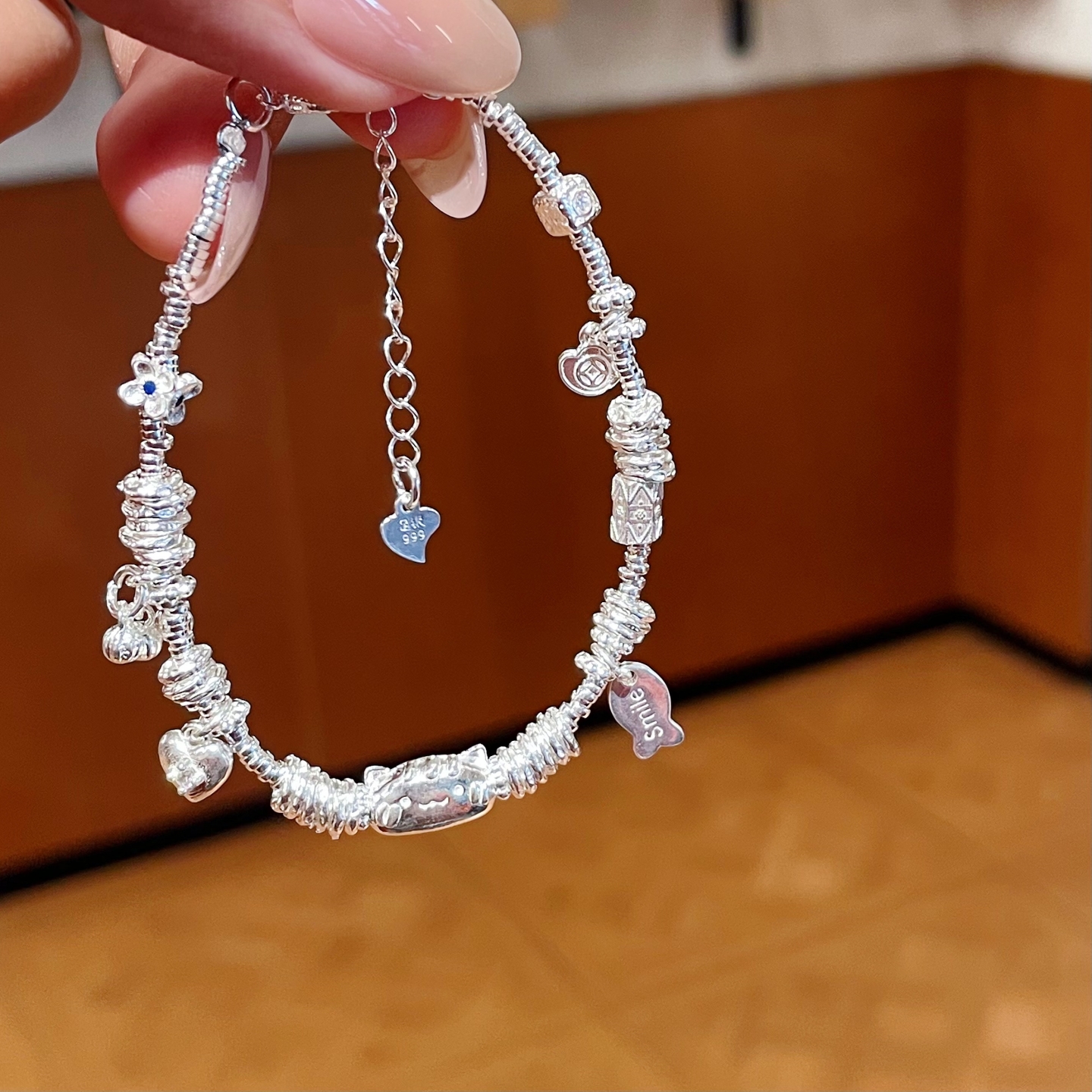 足银999纯银法棍猫盘缠手链女