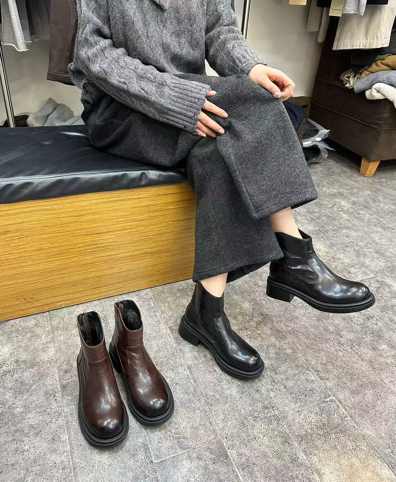 小陈记高品质秋冬新款水山羊皮做旧马丁靴粗跟时尚轻便后拉链短靴,女鞋,马丁靴,淘宝优惠券,粉丝福利购,淘宝优惠卷