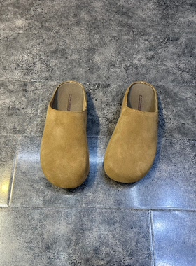 小陈记牛皮绒包头拖勃肯鞋女复古百搭防滑橡胶软底懒人半拖一脚蹬