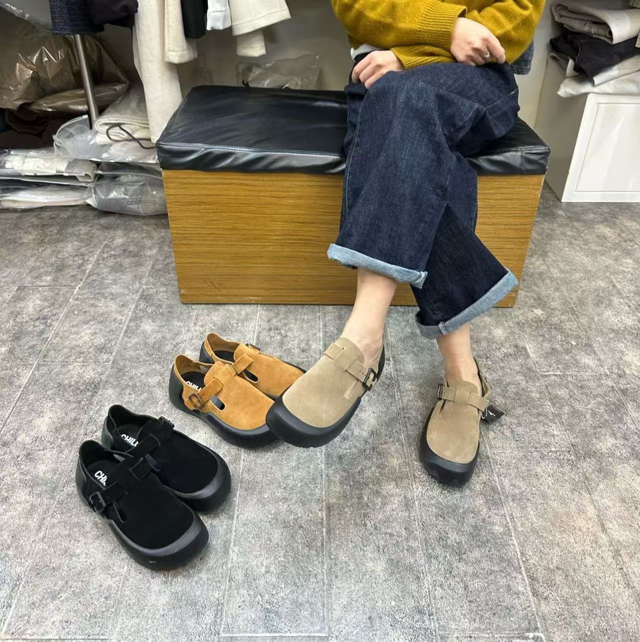 小陈记外贸原单勃肯鞋大头牛皮绒面户外休闲一脚蹬女鞋厚底穆勒鞋