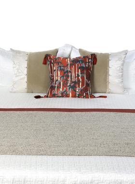 新中式抱枕国风法式中古风竹子图案古典客厅沙发红色流苏靠垫高级