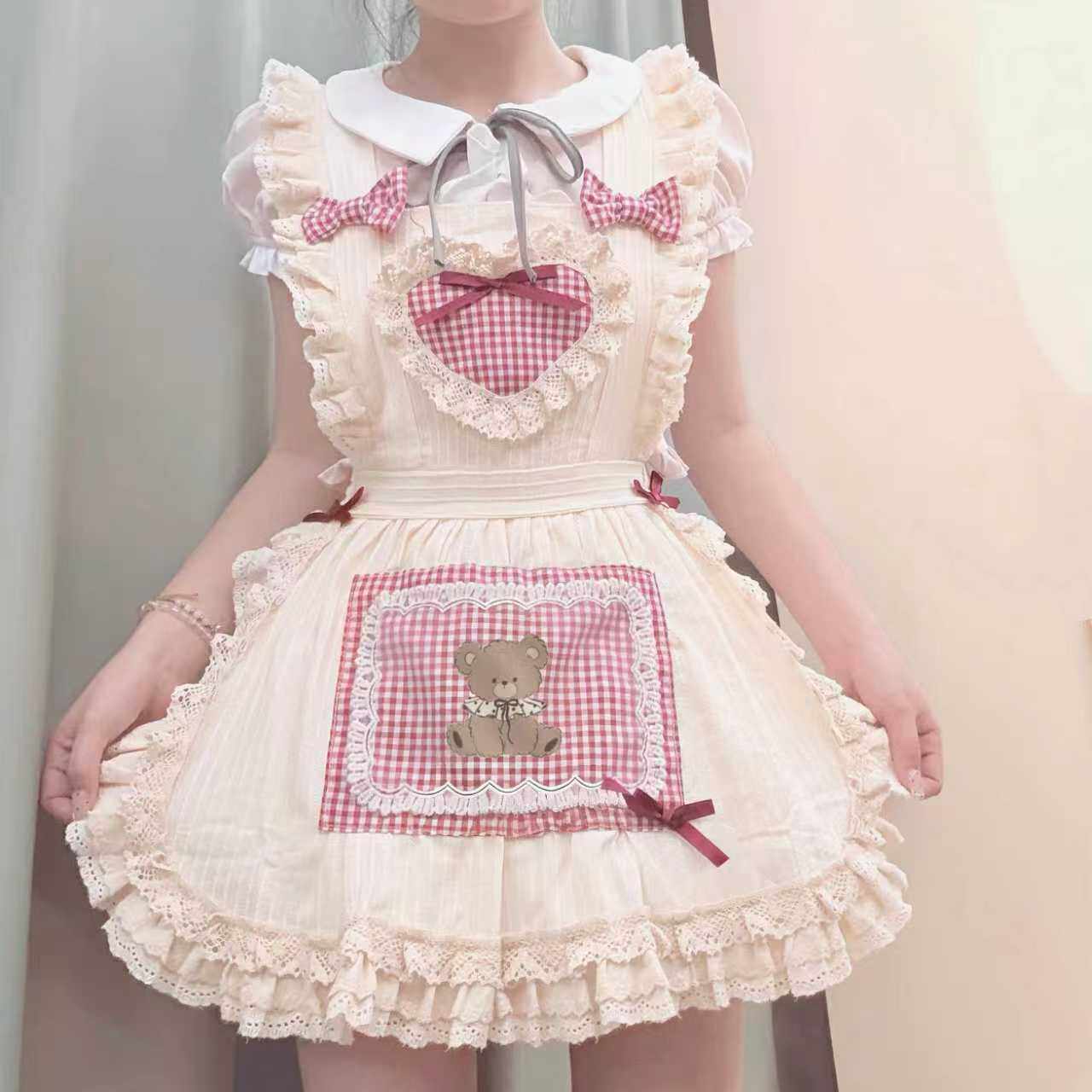 高颜值甜美围裙萌系软软小厨娘围裙百搭少女重工花边加厚围裙