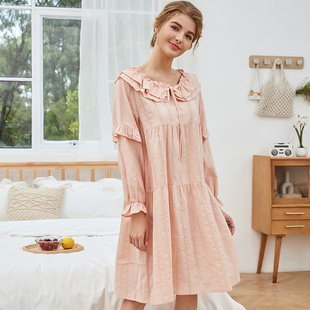 全棉提花睡裙秋季女家居服长袖长裙荷叶边甜美纯色纯棉睡裙可外穿