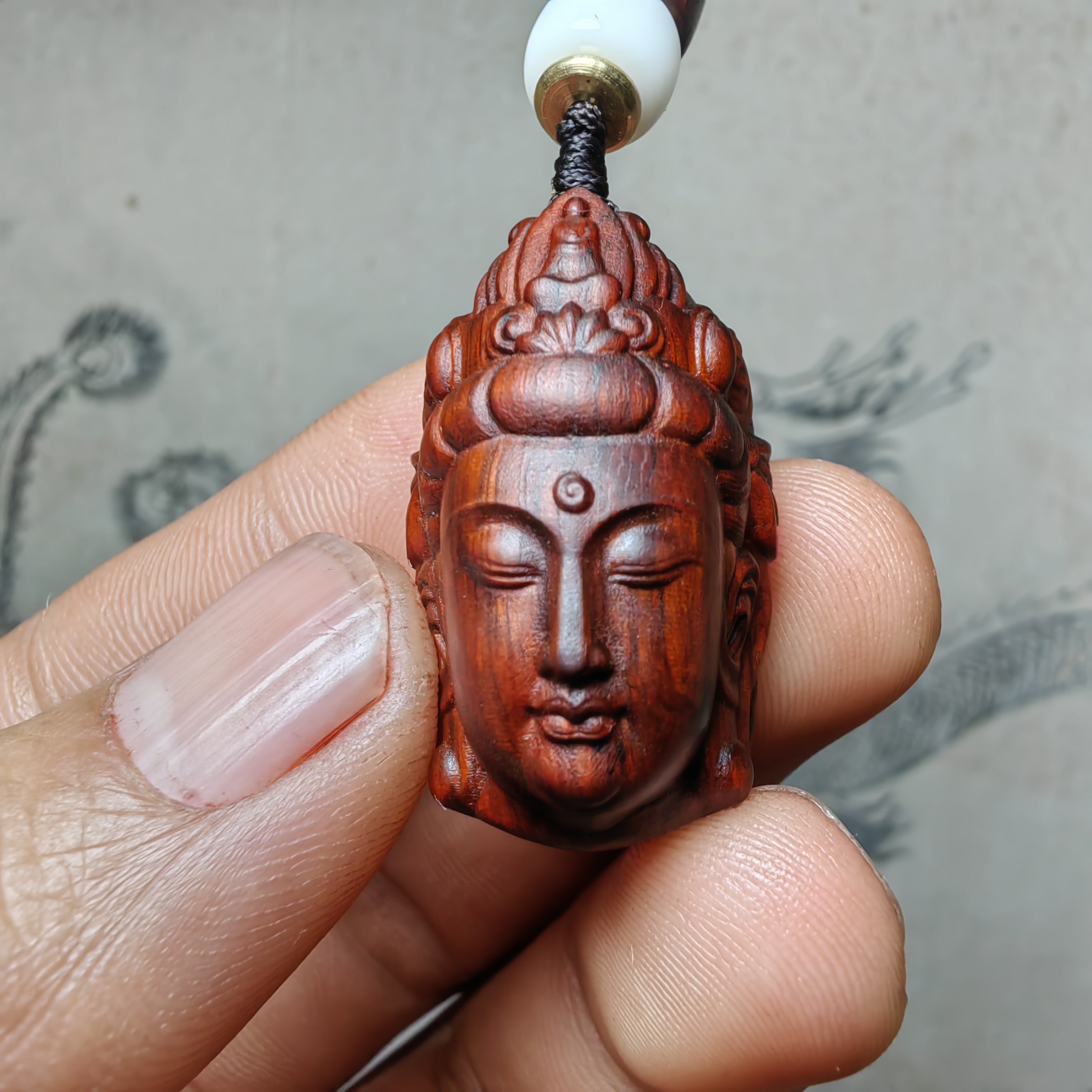 紫檀红木质精雕刻悟道观音头4车钥匙扣小吊坠文盘玩手把挂件饰品