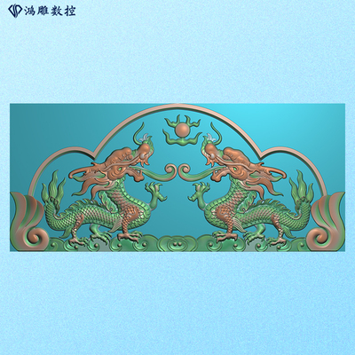 墓碑碑头石雕二龙戏珠祥云精雕图浮雕灰度