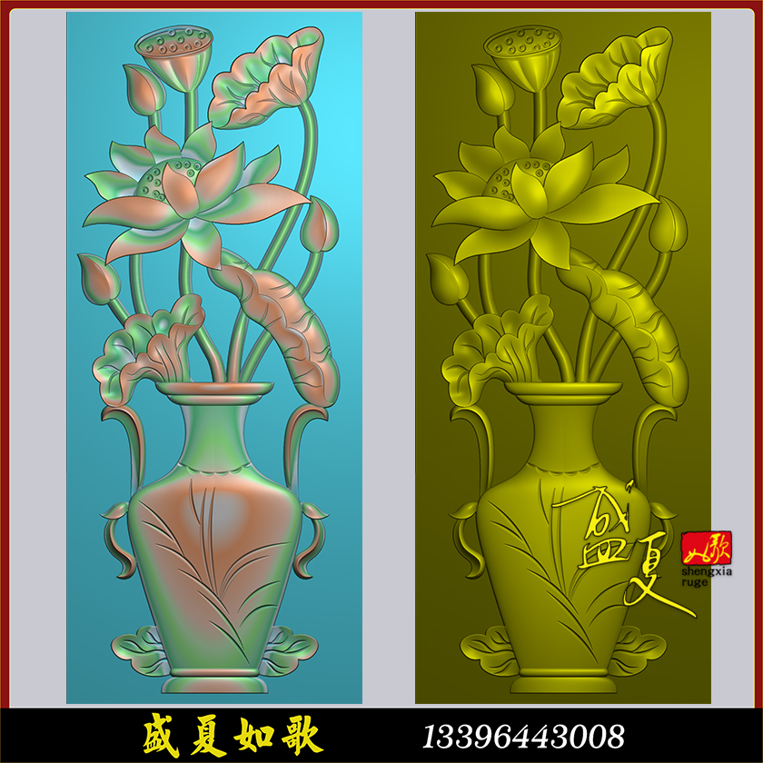 荷花瓶精雕图木雕家俱浮雕图灰度图石雕