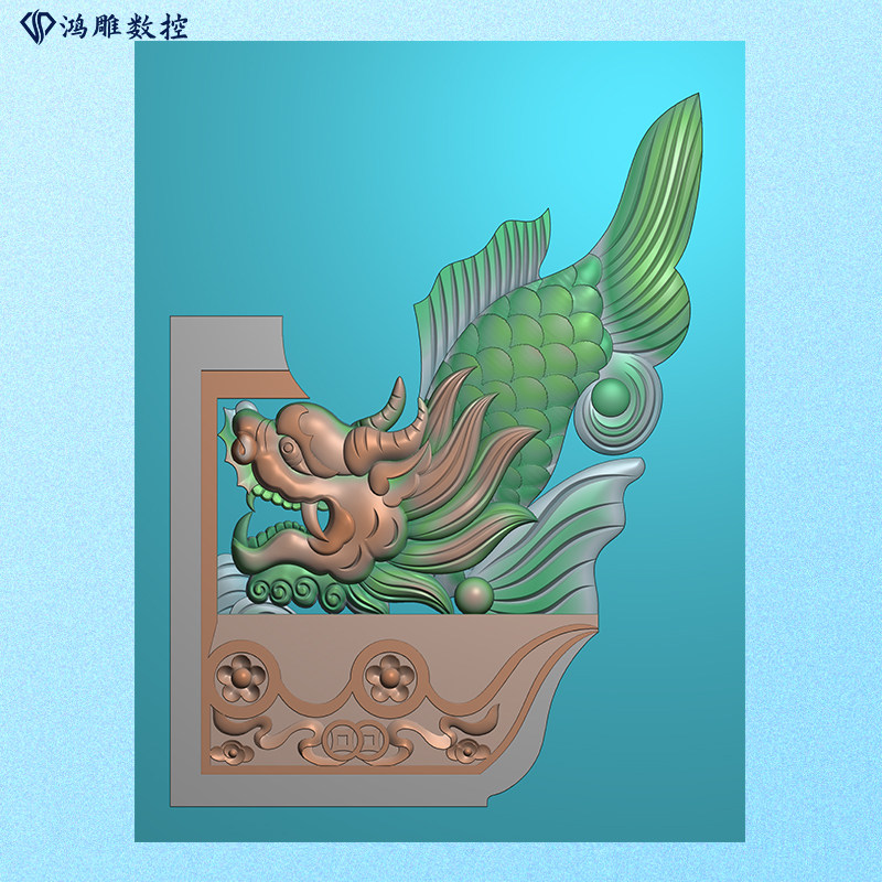 墓碑耳朵石雕鳌鱼龙鱼小花平台精雕图浮雕灰度