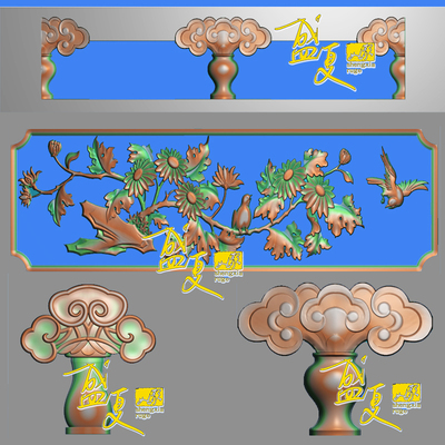四季花鸟栏板精雕图菊花浮雕图祥云石雕花瓶灰度图