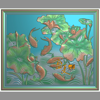 荷花年年有鱼精雕图  电视背景墙 石雕木雕  浮雕图 灰度图