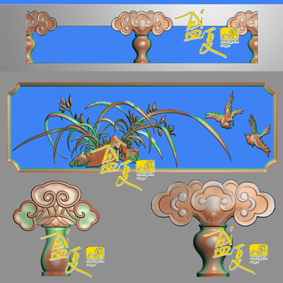 栏板精雕图四季兰花鸟浮雕栏杆祥云镂空花瓶古建砖石木雕灰度新款