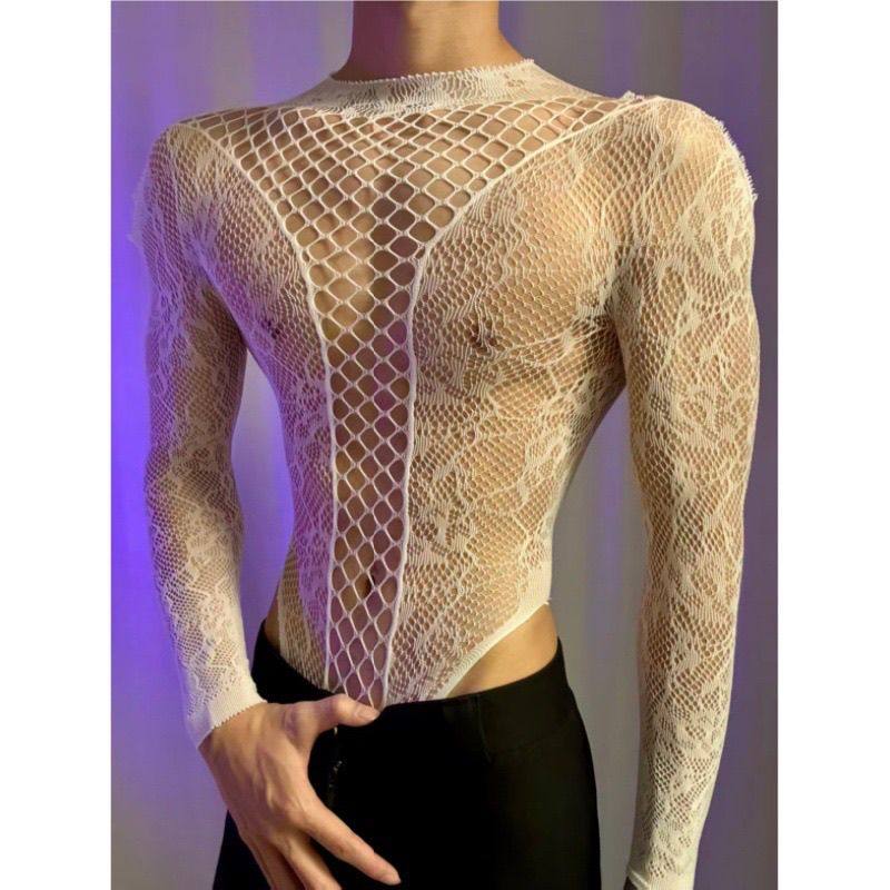 白色网纱渔网衣男生男模特主播同款连体衣禁欲系男友万圣节穿搭