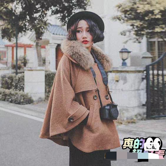 喵吉羊毛毛呢外套女毛领加厚一体大衣斗篷披肩气质上衣2025款