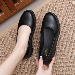 职业浅口平底圆头黑色上班工作鞋 防滑小皮鞋 防水单鞋 鞋 通勤 女工装