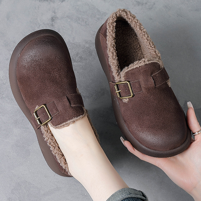 反绒皮勃肯鞋女秋冬加绒豆豆鞋女外穿百搭懒人鞋金属扣妈妈鞋棉鞋