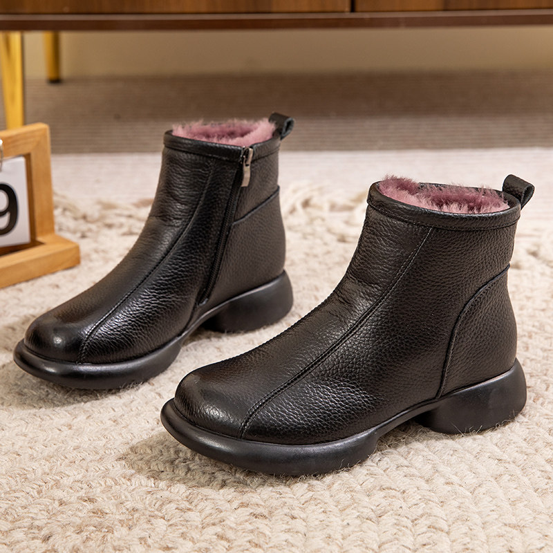 真皮加绒保暖短靴女冬季羊毛一体软底低跟侧拉链黑色棉靴妈妈棉鞋,女鞋,时装靴,淘宝优惠券,粉丝福利购,淘宝优惠卷