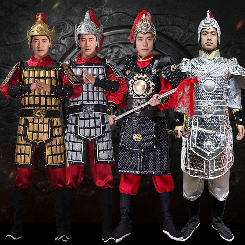 出租古代士兵盔甲铠甲演出服饰赤金锐锋士兵出征战甲舞台装租赁图片
