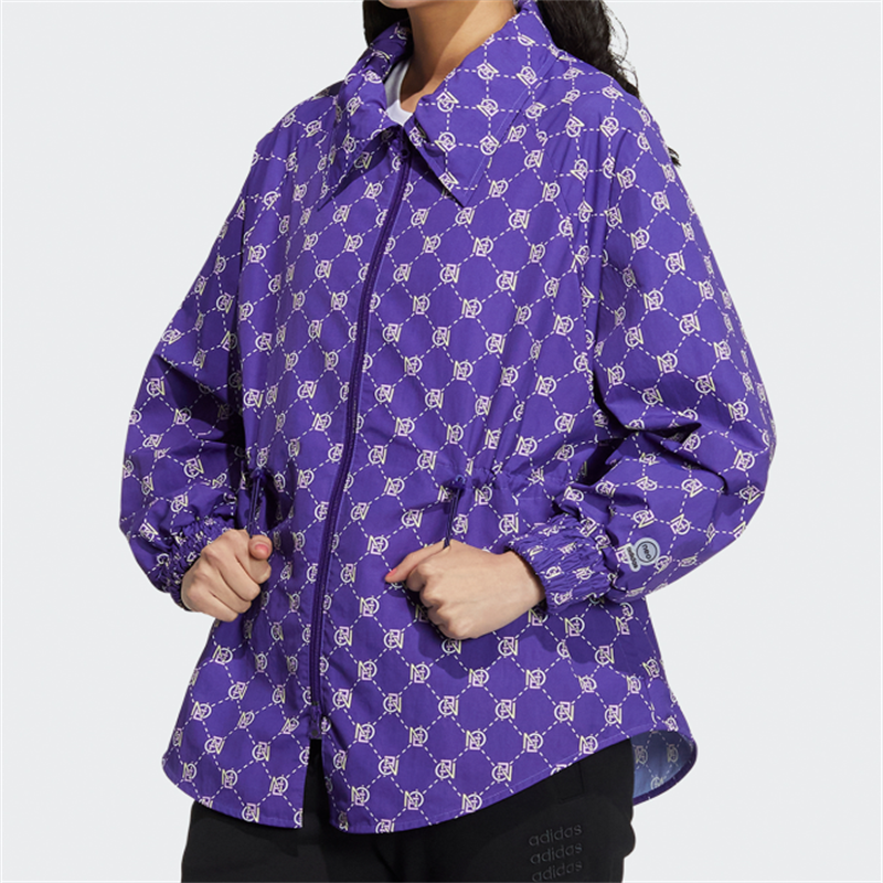 正品Adidas/阿迪达斯女子翻领满印宽松防风休闲运动夹克外套HM201