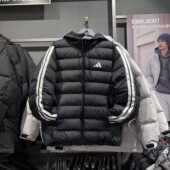 Adidas阿迪达斯男女冬季 棉衣三条杠保暖防风连帽外套夹克 JM8355
