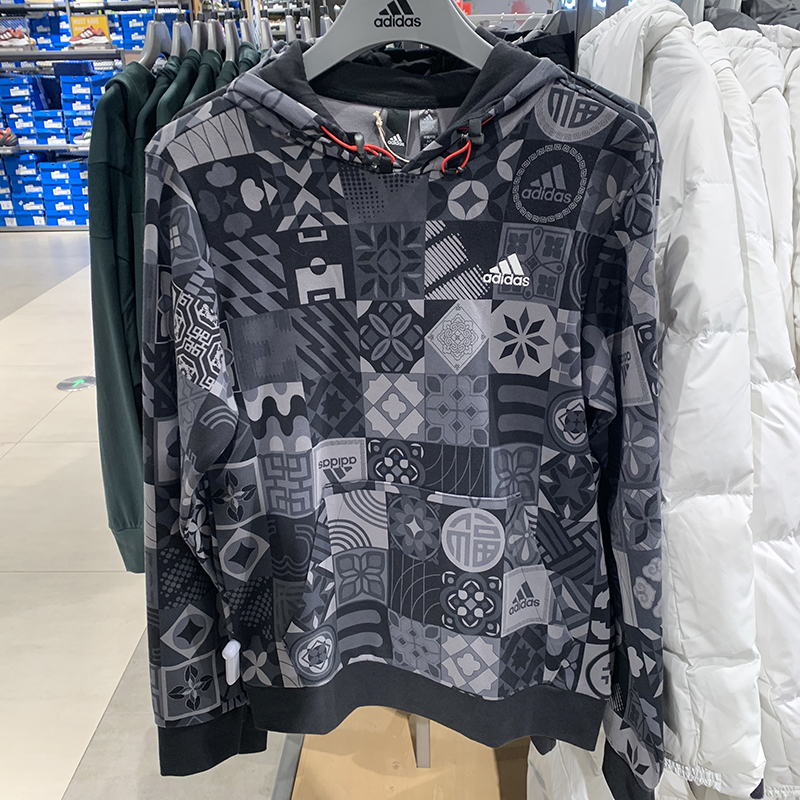 正品Adidas/阿迪达斯男子印花户外运动休闲连帽套头衫卫衣HC0271