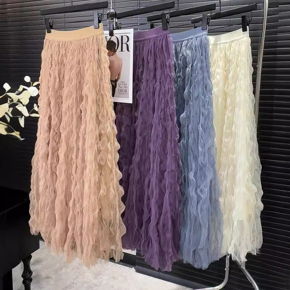 波浪卷高级感褶皱半身裙女春2025新款高腰显瘦中长款a字大摆纱裙,女装/女士精品,半身裙,淘宝优惠券,粉丝福利购,淘宝优惠卷
