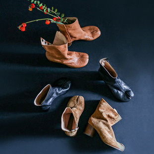 棕色反绒靴子高跟猪蹄短靴 6cm黑色真皮tabi短筒分趾靴 花边女