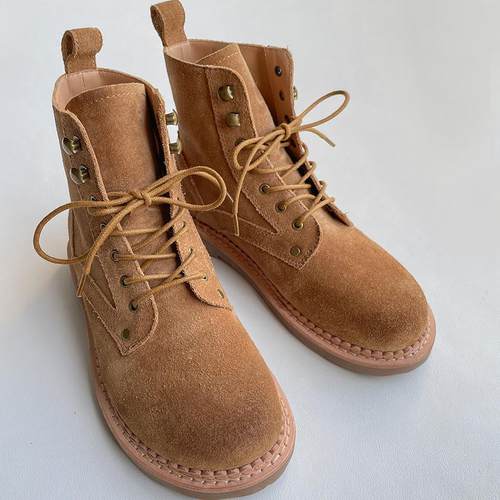 真皮大头反绒平底马丁靴