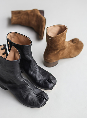 【花边女】3cm黑色真皮忍者tabi短筒分趾靴 棕色麂皮低跟猪蹄短靴