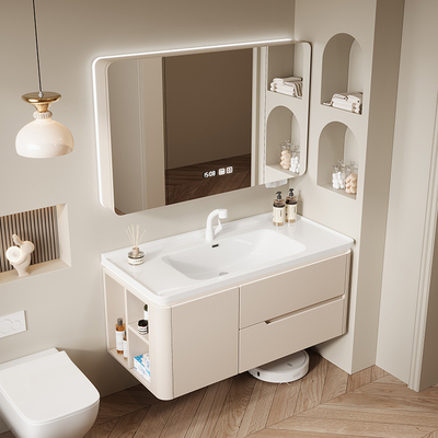 2025新款奶油风陶瓷一体盆圆角烤漆浴室柜组合卫生间洗漱台洗手池