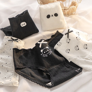 可爱小熊内裤7A抗菌裆女士纯棉透气提花中腰透气A类三角裤头黑色