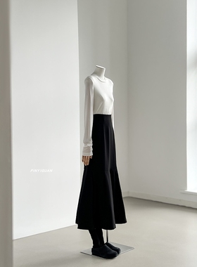 日系氛围感造型长花苞高腰黑色半身裙A字廓形显瘦遮胯半裙1058